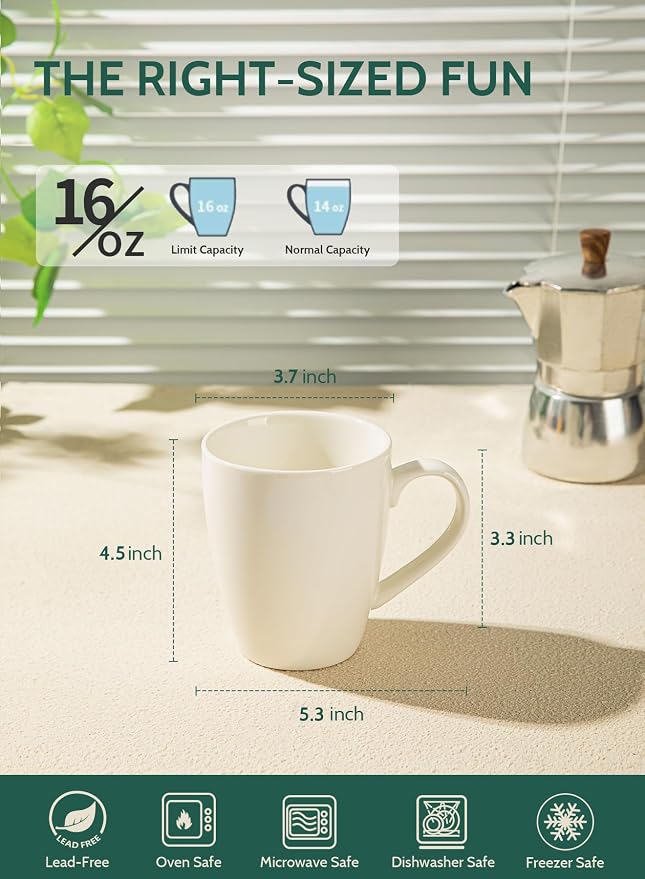 Sweese Porcelain Coffee Mugs - 16 Ounce - Set of 6, Cups for Latte, Hot Tea, Cappuccino, Mocha, Cocoa, White - Image 4