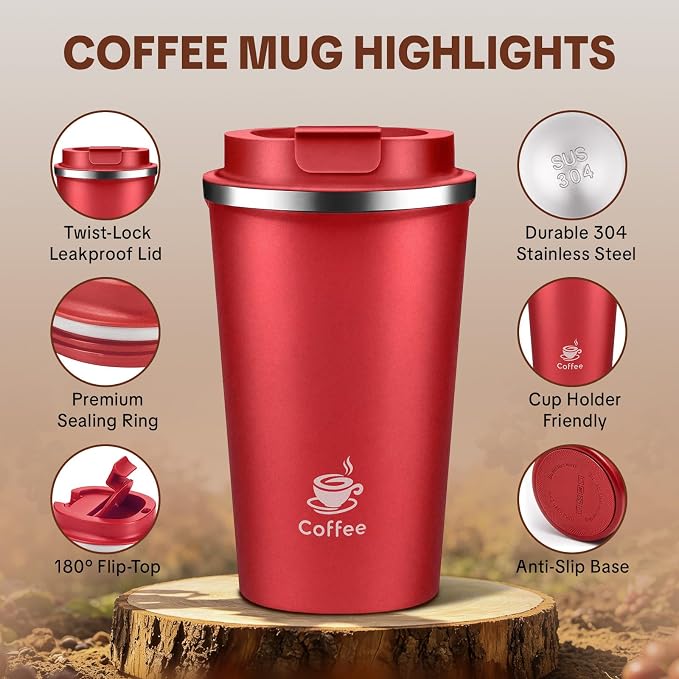 17oz Travel Coffee Mug ,Leakproof Vacuum Coffee Cup Insulated Tumbler | 304 Stainless Steel, Double-Wall Vacuum Insulated, Leakproof, Fits Hot & Cold Drinks Car Cup Holders, Travel, Office - Image 3
