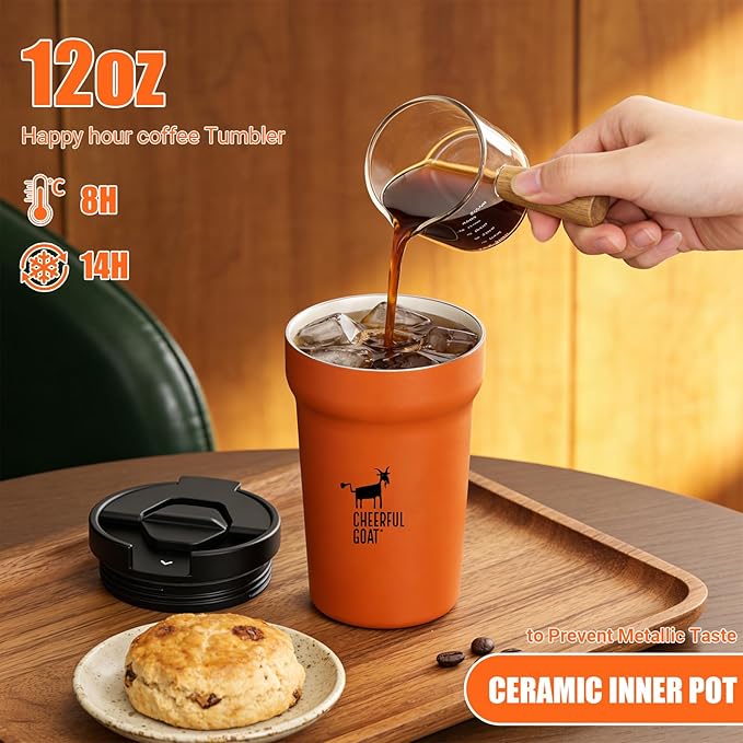 CHEERFUL GOAT Insulated Coffee Mug – Stainless Steel Travel Coffee Tumbler with Ceramic Liner, 12oz Coffee Cup for Hot and Cold Water Coffee at Home, Office, or On the Go (orange) - Image 4
