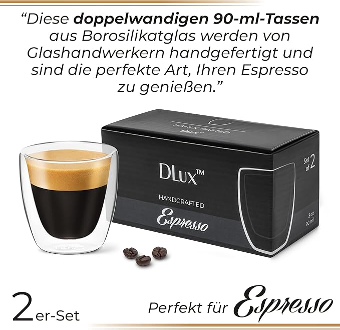 DLux Coffee Mugs, 12oz Latte Clear Glass Set of 2 Cups, Double Wall Insulated Borosilicate Glassware Cup - Wine, Tea Glasses