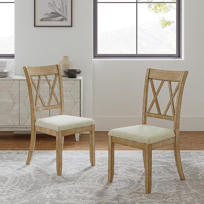 HULALA HOME Rustic Farmhouse Dining Chairs Set of 2, Solid Wood Frame in Natural, Double Cross Back, Upholstered Cushions for Kitchen or Dining Room, Natural - Image 8