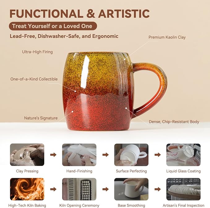 Handmade 22oz Ceramic Coffee Mug, Ergonomic Large Handle, Ideal Gift for Coffee Lovers, Microwave & Dishwasher Safe (Minute-Yellow&Red) - Image 7