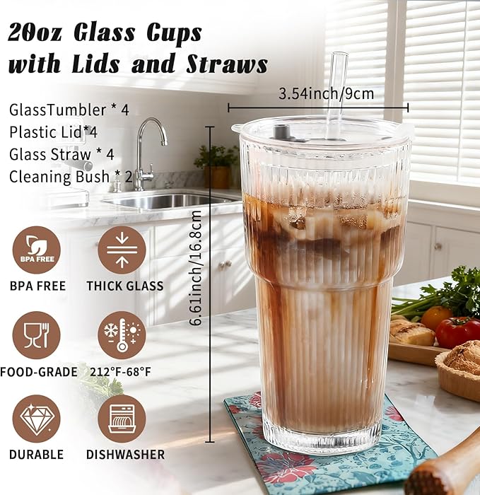 20oz Glass Cups with Lids and Straws, Premium Thick Ribbed Drinking Glass Tumbler Set for Iced Coffee, Smoothies, Cocktails, Beer and Juice, Clear, 2 Pack