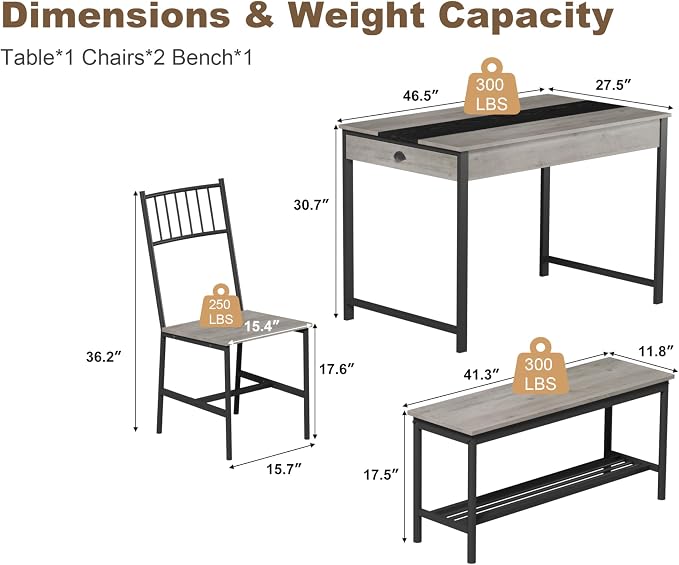 GarveeHome Dining Table Set for 4,Kitchen Table with Bench & 2 Chairs, Grey | Includes Storage Rack & Drawers, Space-Saving，Rectangular Farmhouse Style, Perfect for Breakfast Nook - Image 2