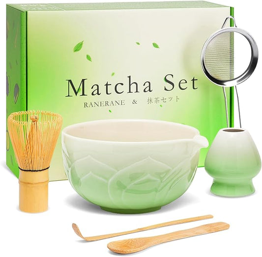 Matcha Whisk Set, Lotus Gradient Green Ceramic Matcha Set Includes Matcha Bowl, Matcha Whisk (Chasen) and Holder, Sifter, Bamboo Scoop & Spoon - 6 Pcs Matcha Kit for Matcha Lovers