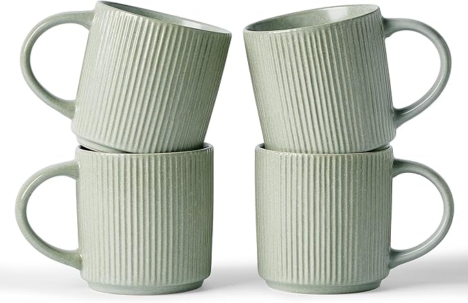 famiware Coffee Mug Set for 4, Star 12 oz Catering Mugs Cup Set with Handle for Coffee, Tea, Cocoa, Milk - Ceramic Stoneware Drinkware Set, Matte Green by Famiware