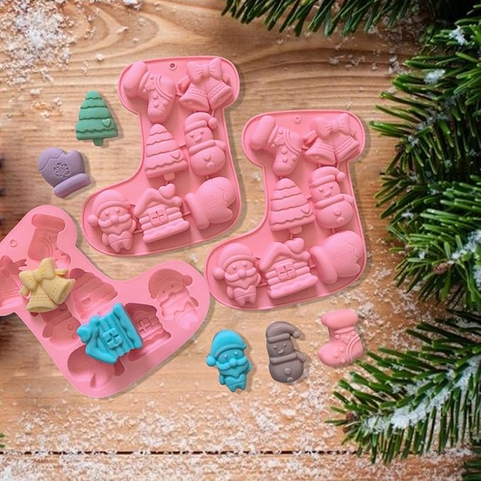 2 Pcs Christmas Silicone Molds for Chocolate,Cute Sock Shape 3D Chocolate Silicone Mold Gloves, Bells, Santa Claus Design 14-Cavities Candy Moulds for Christmas Winter Theme Candy Pudding Jelly Making