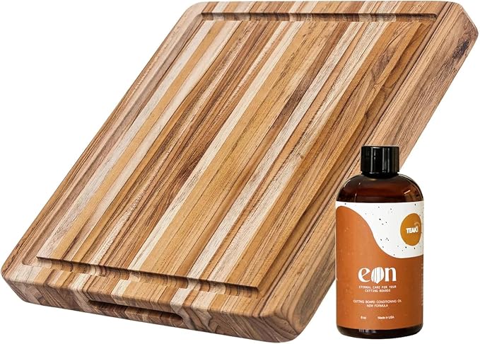Teakhaus Carving Board and EON Cutting Board Oil Set - Small (S) Teak Wood Cutting Board with Juice Groovel & Food-Grade Mineral Oil - 16”L x 12”W x 1.5” Thick - FSC Certified by TEAKHAUS
