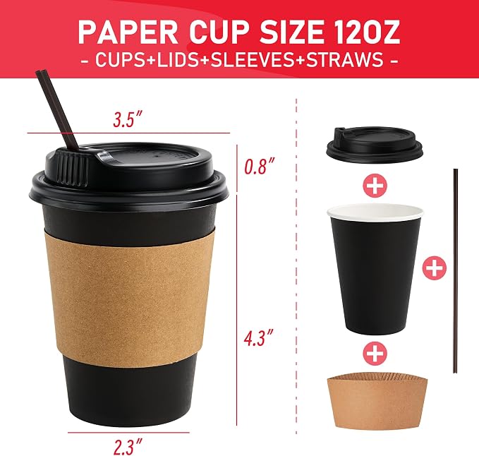 12 oz Paper Coffee Cups with Lids 100 Pack, Black Disposable Hot Coffee Cups with Lids, Sleeves and Stirring Sticks, To Go Cups, for Parties, Picnic, Travel, and Events - Image 2