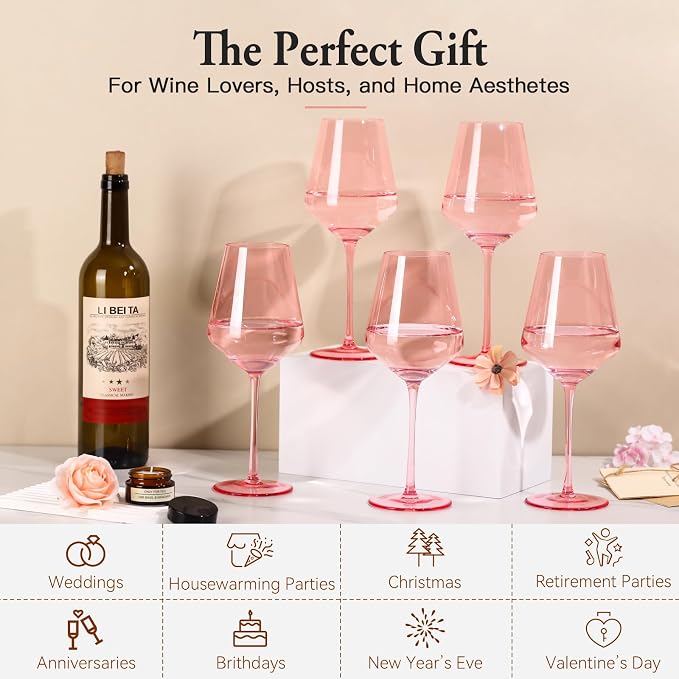 Pink Wine Glasses Set of 6, Handblown Colored Wine Glasse,Pink Coloful Glassware,17OZ for Red or White Wine,Wedding Gift, Anniversary, Christmas, Mothers Day Gifts,Gifts for My Wife - Image 7