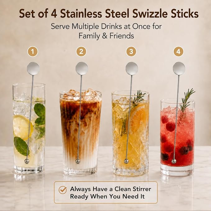 Cocktail Stirrers 8.66" - Silver Steel Swizzle Sticks, 4 Pack | 8.66" Long Steel Drink Stirrers with Dual Ends - Perfect for Tall Cocktails, Coffee & Iced Tea - Reusable Bar Essentials - Image 6