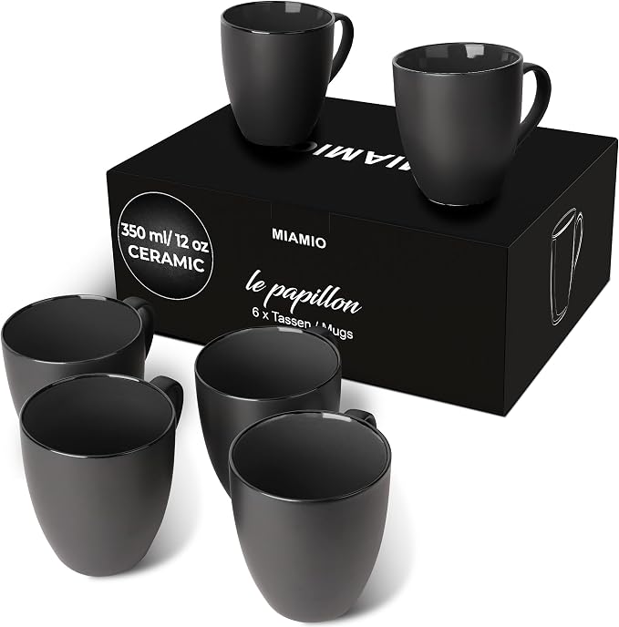 MIAMIO - Coffee Mugs Set of 6 (12 oz) - Le Papillon Collection (Black) | Modern ceramic coffee mugs for coffee, cappuccino and tea - microwave & dishwasher safe by MIAMIO