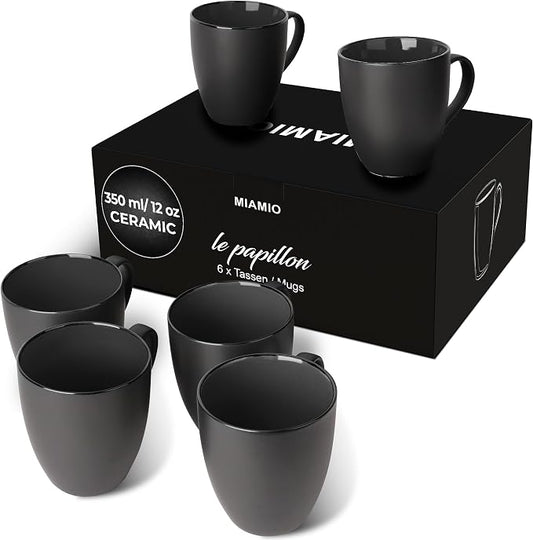 MIAMIO - Coffee Mugs Set of 6 (12 oz) - Le Papillon Collection (Black) | Modern ceramic coffee mugs for coffee, cappuccino and tea - microwave & dishwasher safe by MIAMIO