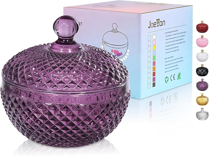 Joeyan 12 oz Small Dark Purple Glass Jars with Lid,Embossed Candy Dishes,Diamond Faceted Food Container,Decorative Jewelry Box Apothecary Canisters,Colored Kitchen Bathroom Buffet Storage Organizer by JoeyanHousehold