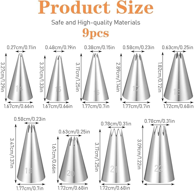 9Pcs Open Star Piping Tips Set, French Star Tube Set Frosting Nozzle Kit,Stainless Steel Star Pastry Tips for Cupcakes Cakes Cookies Decorating (Small Size)
