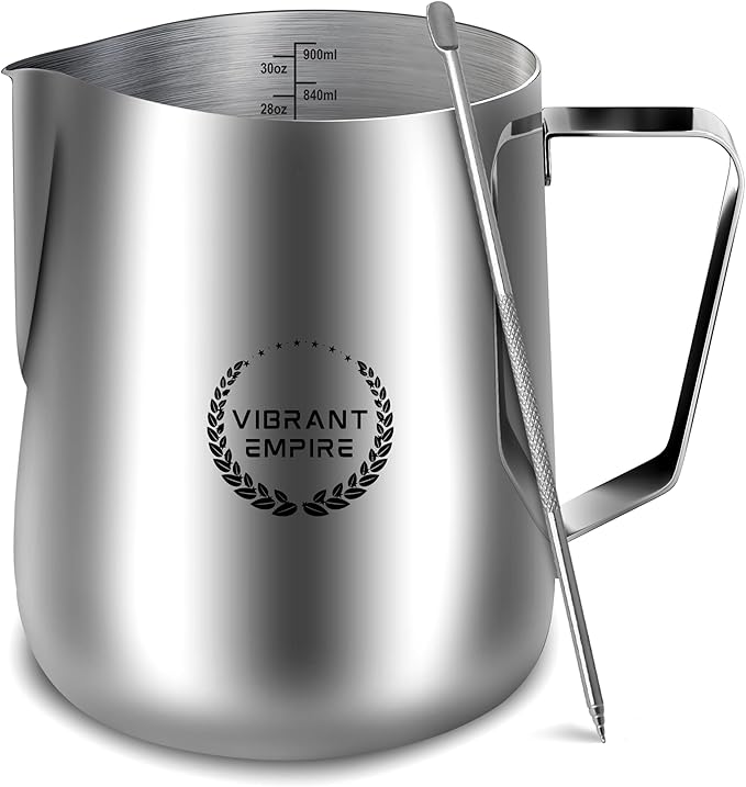 Milk Frothing Pitcher, 32OZ (900ml)– Stainless-Steel Milk Frother Cup with Latte Art Pen– Measurement on Both Sides– Rust-Resistant Frothing Pitcher for Milk, Cappuccino32OZ (900ml)