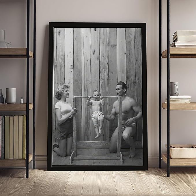 UXCBIA Baby Doing Pull-ups, Bodybuilder Family Black And White Retro Poster Canvas Poster Bedroom Decor Sports Landscape Office Room Decor Gift Black Frame 08x12in(20x30cm) - Image 4