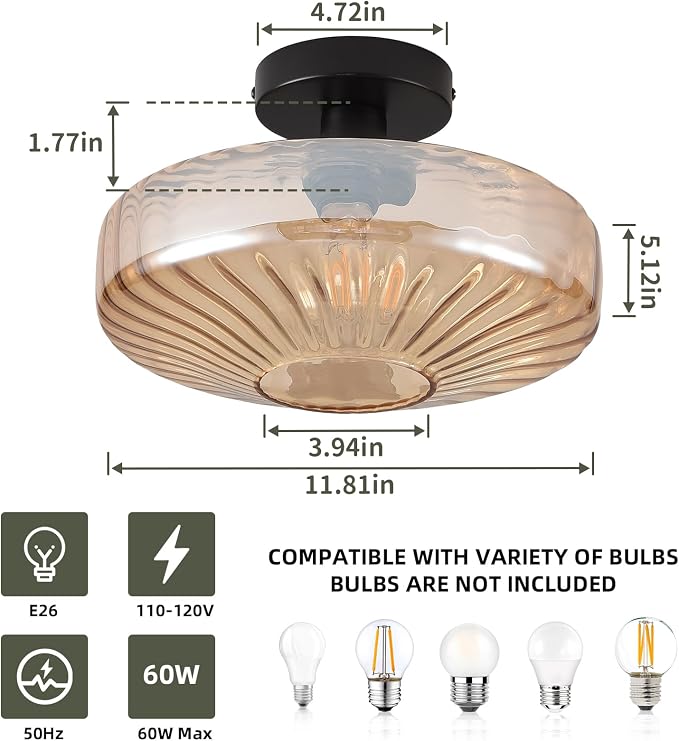 Semi Flush Mount Ceiling Light,11.8 inch Vintage Warm Amber Glass Ceiling Light Fixture,Living Room Lighting Fixtures Ceiling for Hallway Porch Bedroom Bathroom Dining room,E26 Base(Bulb Not Included) - Image 3