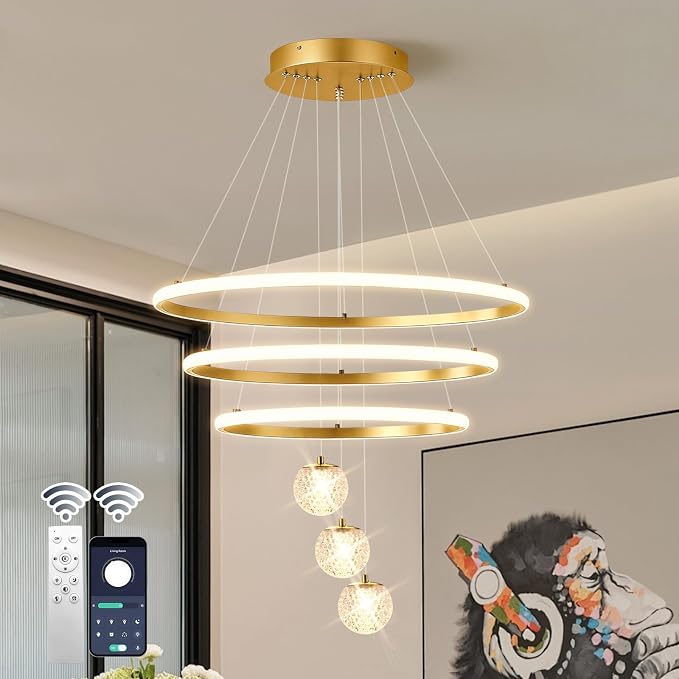 ORANOOR LED Modern 3 Ring Chandeliers 24inch Dimmable Kitchen Pendant Light | Gold Dining Room Light Fixtures Ceiling Hanging Over Table, Globe Round LED Chandeliers for Dining Room Living Room Bedroom - Image 2