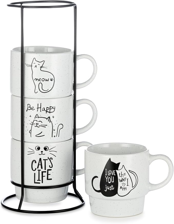 Signature Housewares Stackable Coffee Mug Tower Set with Metal Wire Rack - 15 Ounce Coffee Mugs for Coffee, Tea, Cocoa, Milk, Cappuccino, Hot Chocolate Set of 4 - Cat's Life by SignatureHousewares
