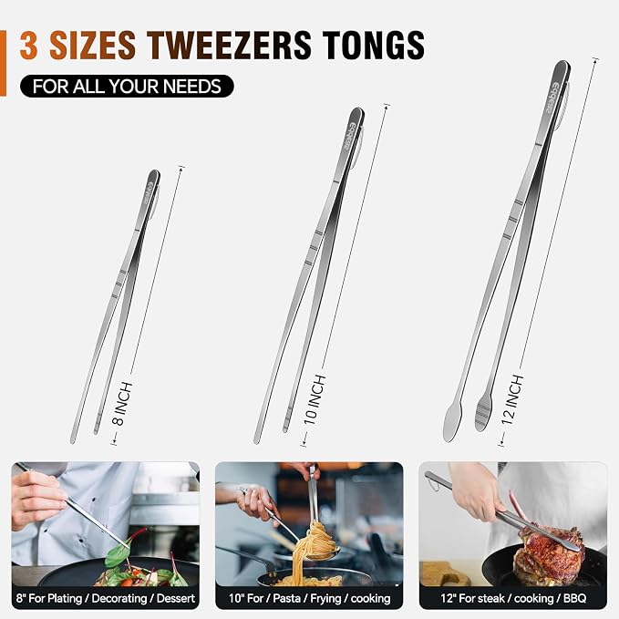 kitchen tweezers for cooking tweezers stainless steel tongs 12"10"8" | Heat Resistant 600 Degrees Heavy Duty Metal Tweezers Tongs Ideal for Meat, pasta, plating Dishwasher Safe - Image 8