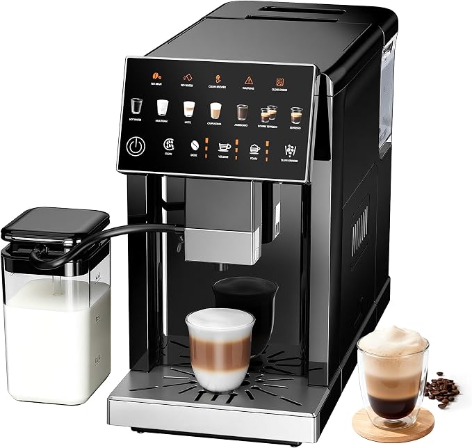 Fully Automatic Espresso Machine with Grinder & Milk Frother | 20 Bar Pressure, 15 Grind Settings, Touch Screen Control and Self-Cleaning Function for Espresso, Latte and Cappuccino by ICEVIVAL