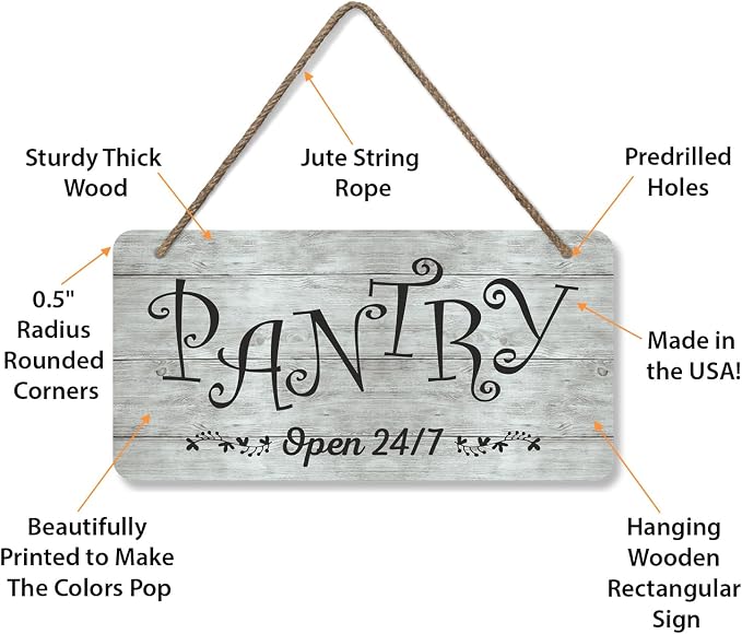 SmartSign 'Pantry Open 24/7' Wooden Hanging Sign with Rope - 6" x 12" Wall Décor with Handwritten Font For Kitchen/Office/Café/Farmhouse, Pre-Drilled Holes, Black/Rustic Background, USA-Made - Image 4