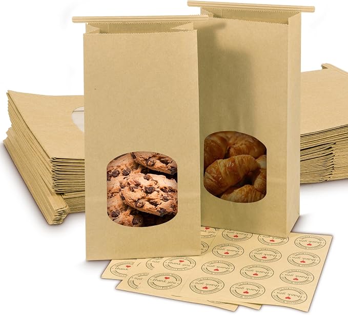 50 Kraft Paper Bags with Window - 4.5 x 2.56 x 9.6 Inch, Tin Tie Tab Lock Bags for Food Storage by Cyblinia