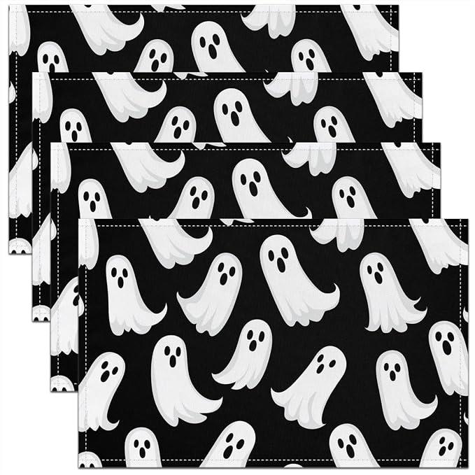 Feelyou Happy Halloween Placemats Set of 4 Cute Ghost Table Mats Black White Place Mat for Kitchen Dining Table Party Decor Indoor Outdoor 18"x12" Non-Slip Easy to Clean Witchcraft by Feelyou