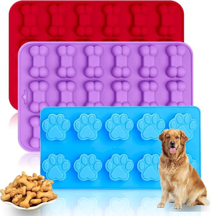 Silicone Ice Molds Trays with Puppy Dog Paw and Bone Shape,Non-Stick Food Grade Silicone Molds for Chocolate, Candy, Jelly - Blue, Red, Purple