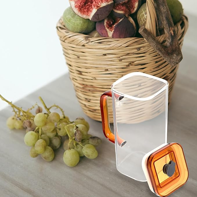 High Borosilicate Glass Cup with Straw and Amber Handle Square PP Lid Transparent Beverage Tumbler for Milk Juice Iced Coffee Portable Drinking Glass with Lid for Home and Outdoor