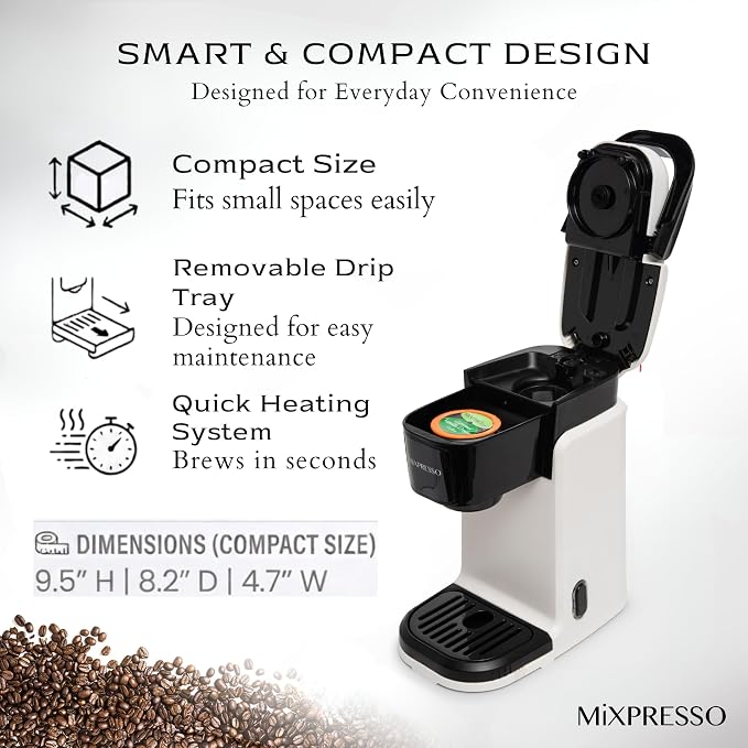 Mixpresso Single Serve Coffee Maker K Cup Coffee Maker for K Pods & Grounds | Compact 800W White Coffee Machine with 12 Oz Water Tank, Fast Brew & Auto Shut-Off, Small Design for Travel RV, Office& Dorm - Image 6