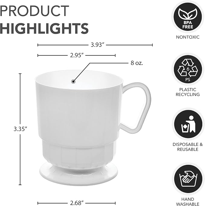 Party Essentials 8-Ounce Hard Plastic Coffee Cup/Tea Mug with Handle, 20-Count, Deluxe White (Pack of 2) - Image 2