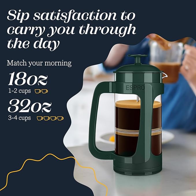 ESPRO P3 French Press Coffee Maker – Patented Double Micro-Filter for Grit-Free Brew, Heat Resistant thicker Borosilicate Glass Coffee press – Green (32 oz)