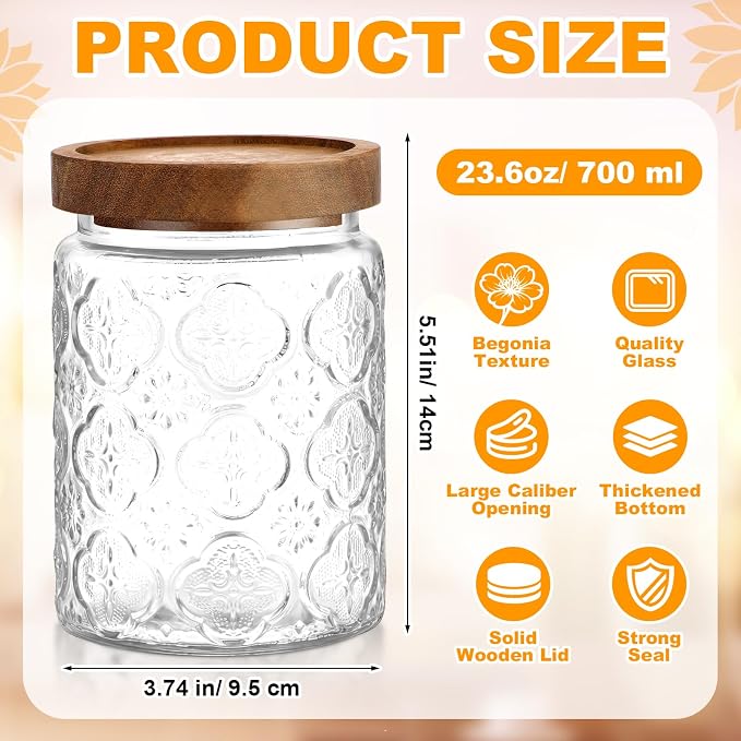 LemonRoad 4 Pcs Vintage Clear Glass Storage Jars 23.7 oz Mason Jar Canister with Wood Lids Food Storage Container for Cookie, Pantry, Candy Kitchen, Coffee, Tea, Flour, Sugar, Decorative Home Decor - Image 2