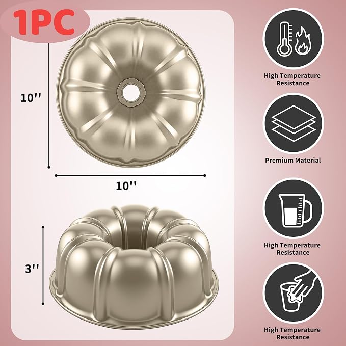 10 Inch Cake Pan, Nonstick Round Fluted Tube Cake Baking Pan, Buntz Pound Cake Mold,Tube Bakeware,Baking Mold for Jello/Gelatin/Chocoflan, Non Toxic, Easy Clean - Gold - Image 2