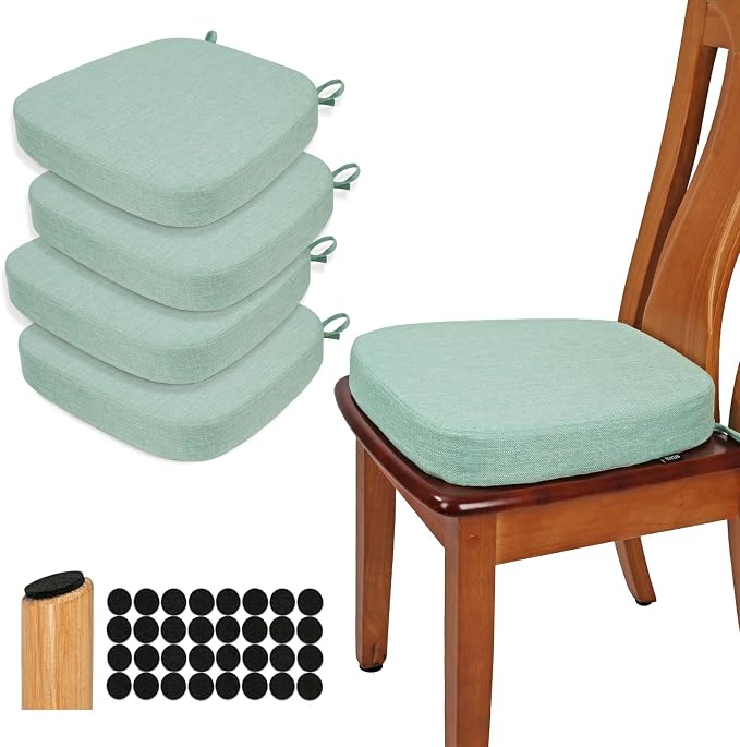 BUYUE Thickened 2.5" Dining Chair Cushions Set of 4, U-Shape High Density Foam Comfortable Chair Pads for Kitchen, Slip Resistant Indoor Seat Cushions (4 PCS, Light Green) by BUYUE