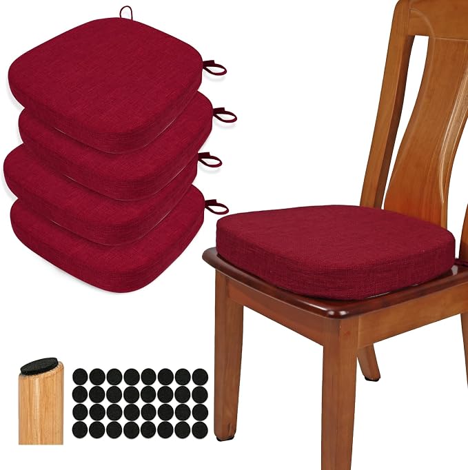 BUYUE Thickened 2.5" Dining Chair Cushions Set of 4, U-Shape High Density Foam Comfortable Chair Pads for Kitchen, Slip Resistant Indoor Seat Cushions (4 PCS, Red) by BUYUE