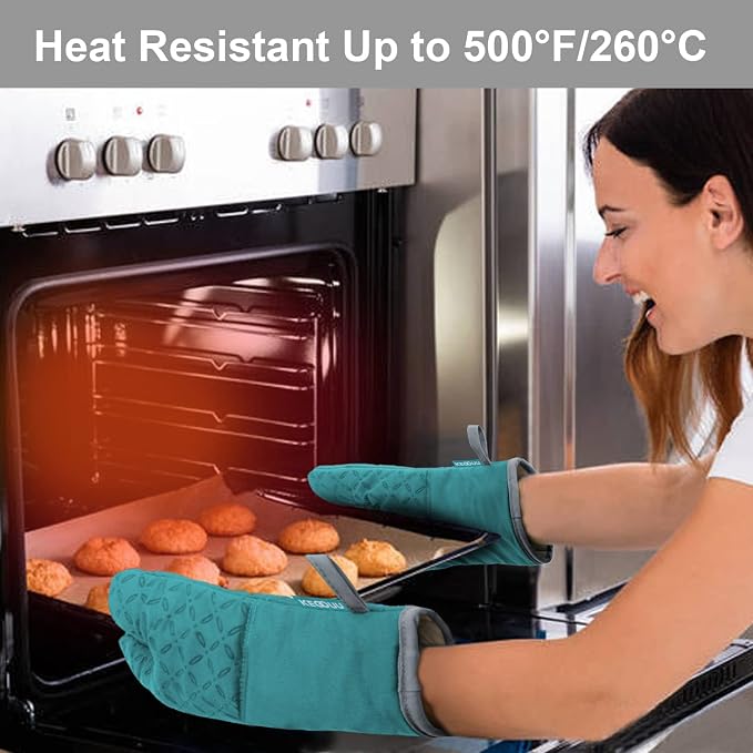 KEGOUU Oven Mitts and Pot Holders 6pcs Set, Kitchen Oven Glove High Heat Resistant 500 Degree Extra Long Oven Mitts and Potholder with Non-Slip Silicone Surface for Cooking (Lake Blue) - Image 6