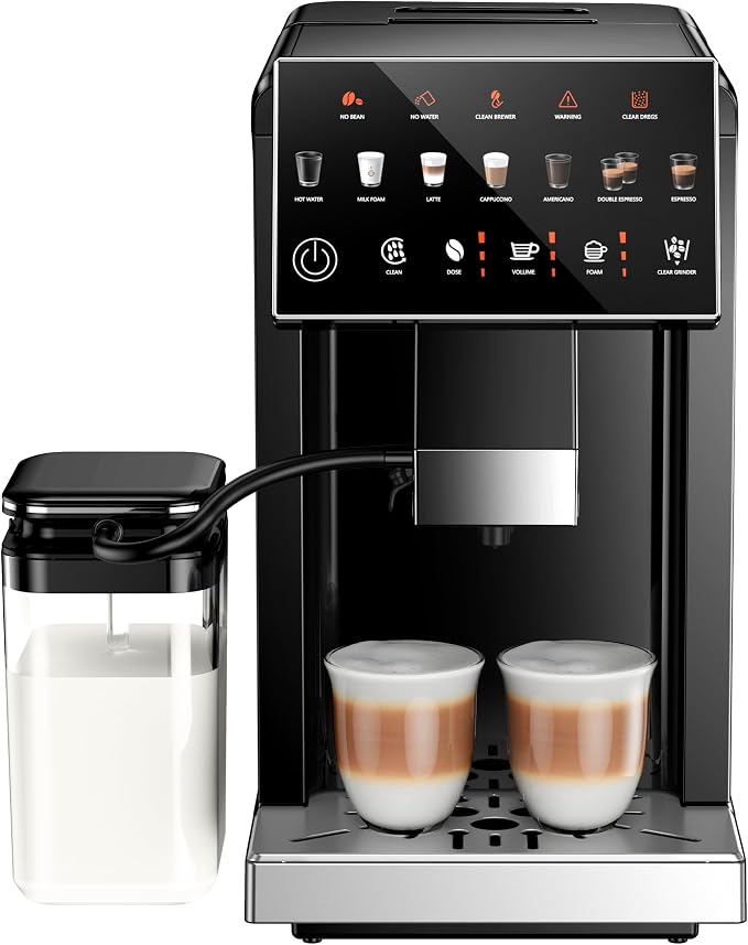 Automatic Espresso Machine, 20 Bar Coffee Maker with Grinder Built in Milk Frother, 15-Grind Settings Fully Automatic Espresso Machine with Touch Screen, Auto Self-Cleaning for Cappuccino & Latte by EUHOMY