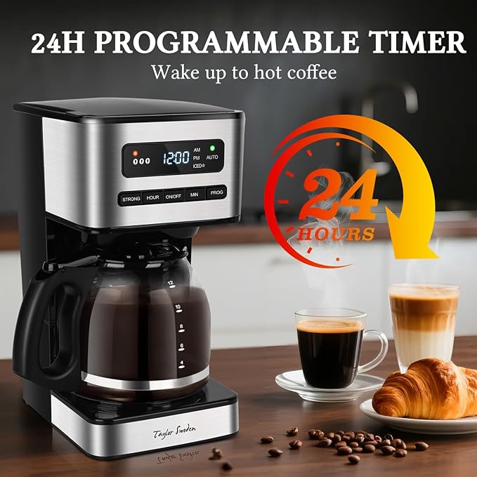 Taylor Swoden Programmable Coffee Maker 12 Cup, Black & Stainless Steel | Hot and Iced Coffee Maker, 4 Brew Strength, LED Display, 24H Timer, Keep Warm&Auto Shutoff- Drip Coffee Machine for Home - Image 2