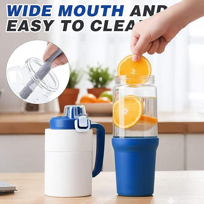 32 oz Glass Tumbler with Handle, 2-in-1 Straw and Sip Spout, Leakproof, BPA-Free Glass Water Bottle for Sports, Office, School, DBlue