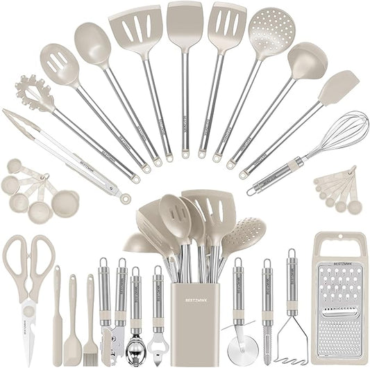 Kitchen Utensil Set-Silicone Cooking Utensils-33 Kitchen Gadgets & Spoons for Nonstick Cookware-Silicone and Stainless Steel Spatula Set-Best Kitchen Tools, Useful Pots (Khaki) by BESTZMWK