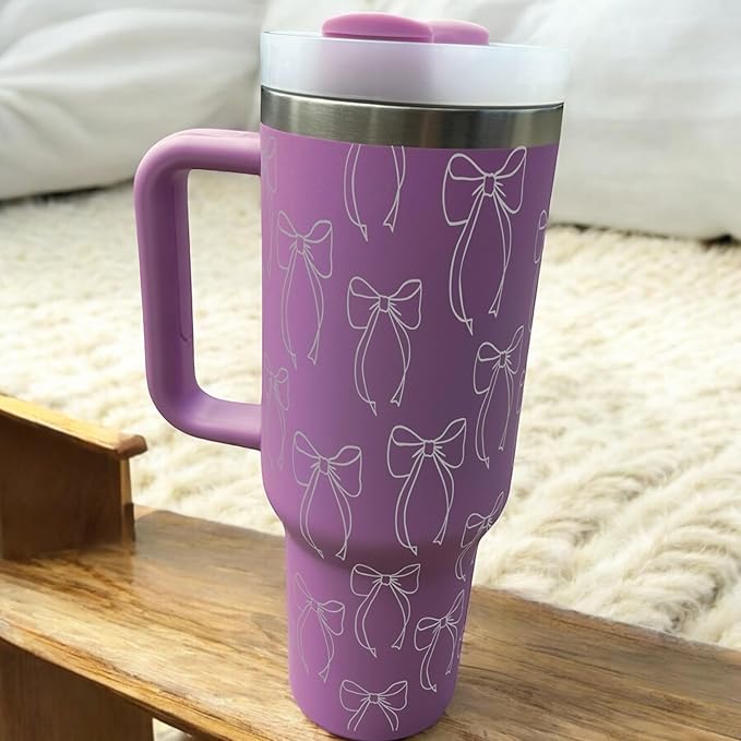Western Engraved 40oz Tumbler, Tumbler with handle, Cowgirl Tumbler, Country Mug with Handle (Purple(5)-Bows(F7))