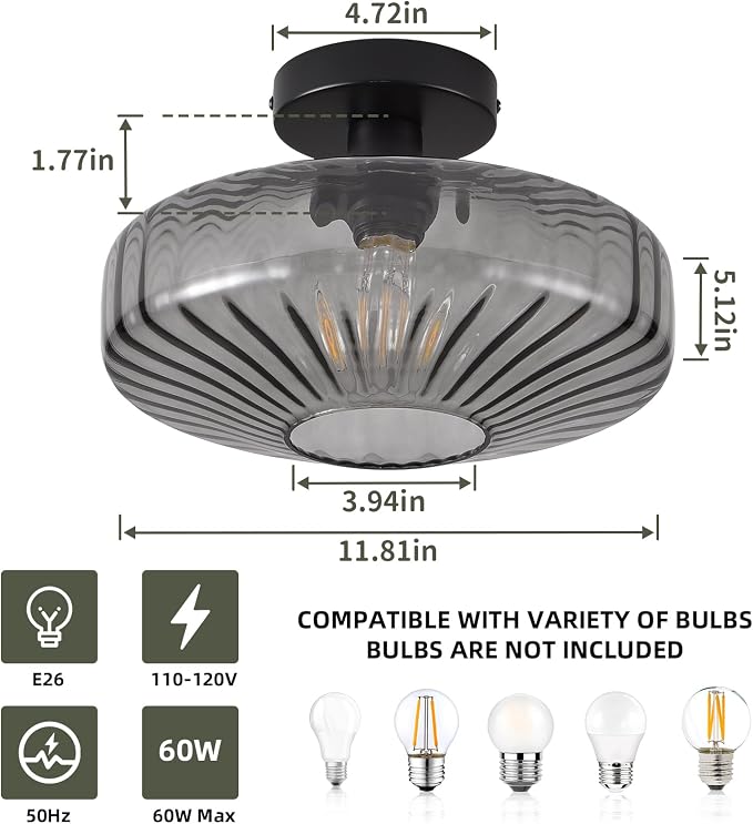 Semi Flush Mount Ceiling Light, 11.8 Inch Smoke Grey Glass Ceiling Light Fixture, Farmhouse Hallway Lighting Fixtures for Kitchen, Foyer, Bedroom, Bathroom, Dining room, E26 Base (Bulb Not Included) - Image 3