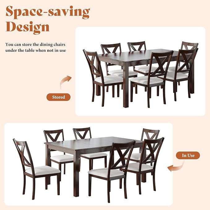 AMERLIFE 7-Piece Farmhouse Dining Table Set for 6, 60'' Table and 6 Chairs | Solid Wood Kitchen Table with 6 Upholstered Chairs, Space-Saving Dining Set for Dining Room, Kitchen, Small Apartment, Brown - Image 6