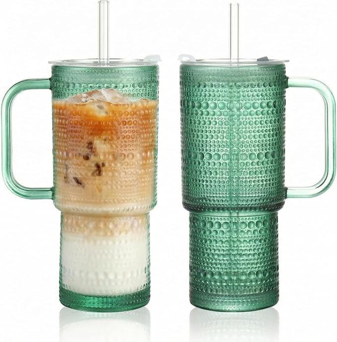 20 oz Green Glass Tumbler with Lid and Straw, Glass Iced Coffee Cups, Spill-proof Glasses Tumbler with Handle, Glasses Drinking Set of 2, Vintage Glassware for Cocktail, Smoothies by Unknown
