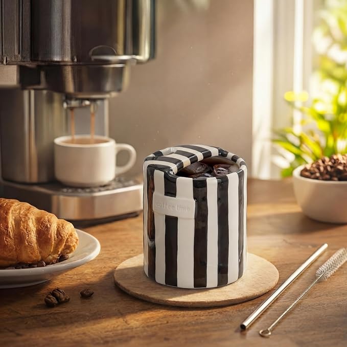 1 Pack Ceramic Coffee Mug with Sip Hole Espresso Cup 10oz with Straws Retro Hand Painted Striped Ceramic Iced Coffee Tea Travel Mug Latte Cup for Kitchen Dining (Simple,Black) - Image 4