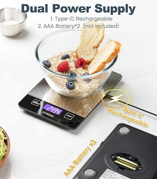 Atogou 1g/ 33lb Food Scale, Rechargeable Kitchen Scale with Full-View Backlit LCD Display, Stainless Steel Surface, USB Charging or AAA Batteries (not Included), for Baking, Cooking, Food Grey