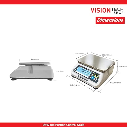 VisionTechShop DSW-100 Portion Food Scale with Dual LCD Display, Stainless Steel Platter, 60lb Capacity, 0.02lb Readability, Lb/Oz/Kg/g Switchable, Low Profile Design, NTEP Legal for Trade COC #22-007